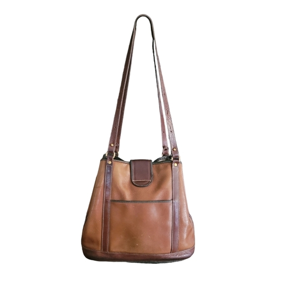 Brahmin Vintage Congac Flower Bucket Bag Green Trim Brass Hardware - Picture 5 of 9